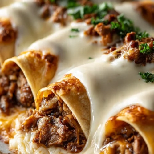 Breakfast enchiladas with sausage gravy served on a plate
