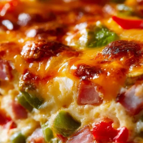 Delicious Denver omelet egg bake packed with veggies and cheese, ready for breakfast