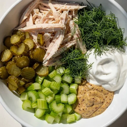 Delicious Dill Pickle Pasta Salad served in a bowl, garnished with fresh herbs.