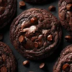 Fudgy double chocolate chip cookies on a cooling rack