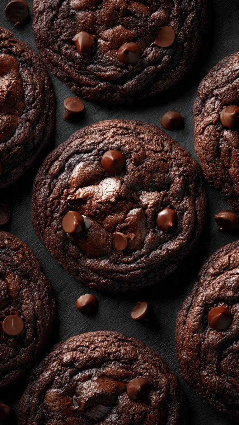 Fudgy double chocolate chip cookies on a cooling rack