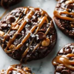 Double chocolate salted caramel cookies on a plate, topped with sea salt
