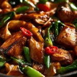 Delicious plate of Drunken Noodles with colorful vegetables and spices.