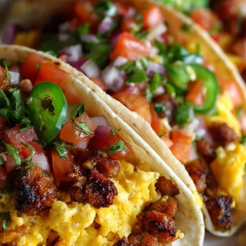 Image of easy baked breakfast tacos filled with eggs, cheese, and toppings