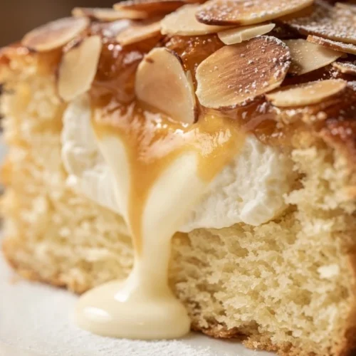 A beautifully presented bee sting cake topped with almonds and whipped cream.