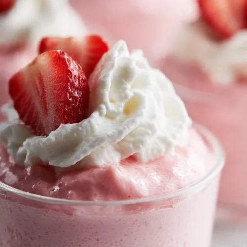 Easy strawberry jello dessert with Greek yogurt in a serving bowl.