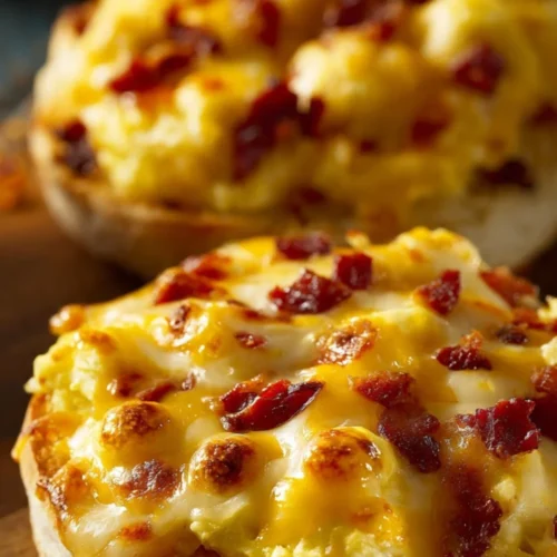 Delicious English Muffin Breakfast Pizzas topped with eggs, cheese, and veggies