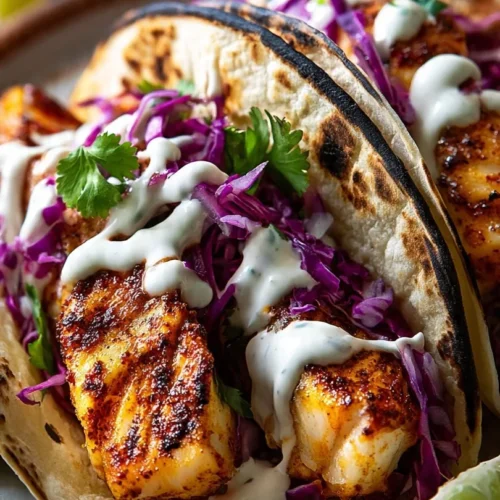 Fish tacos topped with tangy lime cream on a plate.