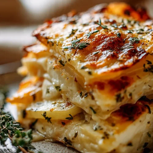 Delicious French Onion Potatoes topped with melted cheese and herbs