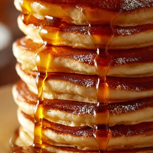 Delicious French Toast Pancakes topped with syrup and fresh berries
