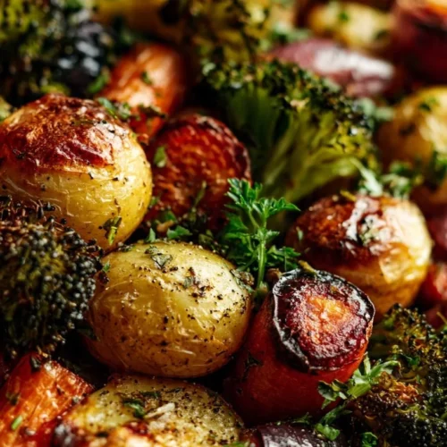 Delicious garlic herb roasted potatoes and mixed veggies served in a bowl.