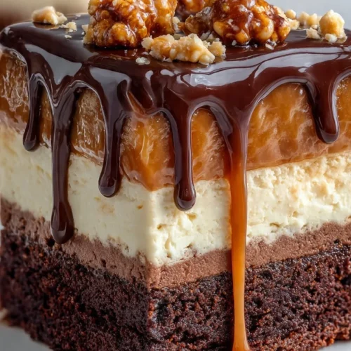 Slice of decadent German Chocolate Cheesecake topped with coconut pecan frosting.