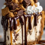 Giant S'mores Cookie Dough Pie topped with chocolate and marshmallows