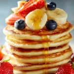 Plate of delicious Greek yogurt protein pancakes topped with fresh berries