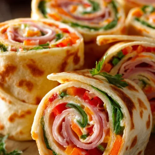 Ham and cheese tortilla roll ups on a plate, ready to serve as a snack.
