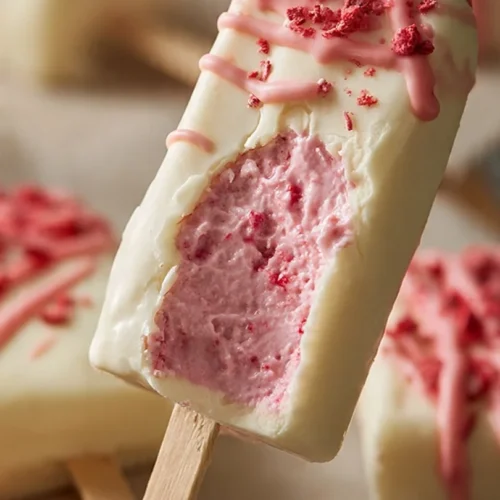 Healthy strawberry frozen yogurt bars on a wooden table