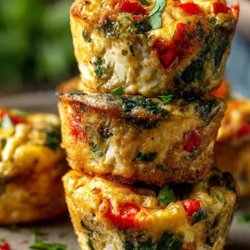 High protein egg muffins served on a plate with vegetables and herbs.