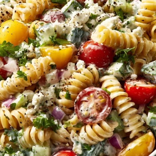 High protein pasta salad with colorful vegetables and dressing