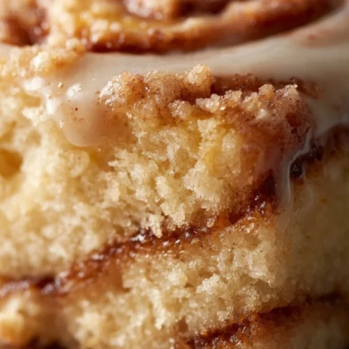 Delicious homemade cinnamon roll cake topped with cinnamon icing and served on a plate