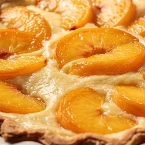 Homemade peach custard pie garnished with fresh peaches and cream