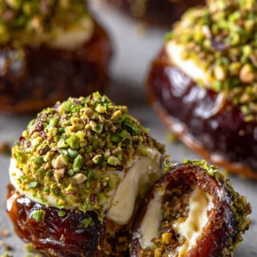 Honey pistachio ricotta stuffed dates on a wooden platter