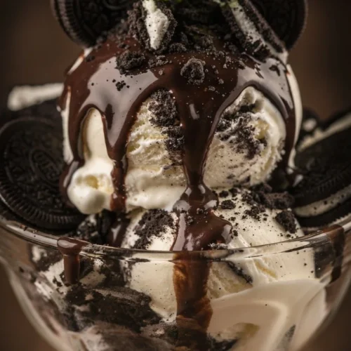 Indulgent cookies and cream chocolate sundae with whipped cream and chocolate drizzle