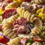 Delicious Italian Grinder Pasta Salad with fresh vegetables and herbs.