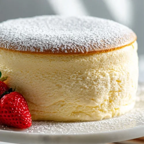 Deliciously fluffy Japanese Cotton Cheesecake served on a white plate