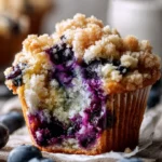 Delicious homemade lemon blueberry muffins on a wooden table.