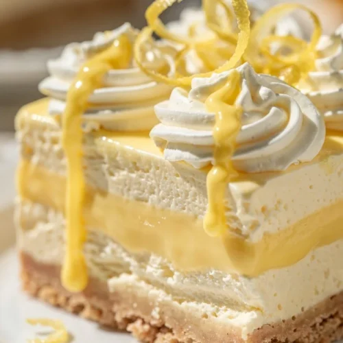 Lemon Icebox Dessert with whipped cream and lemon slices