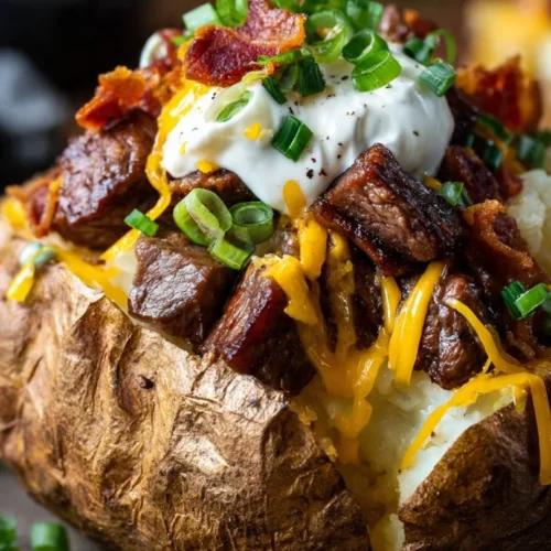 Delicious loaded baked potato topped with juicy steak bites and toppings.