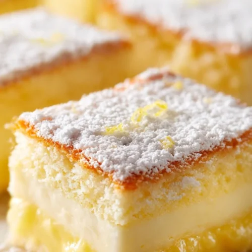 Slice of Magic Lemon Custard Cake with lemon zest topping