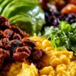 A vibrant Mexican breakfast bowl featuring eggs, avocado, and fresh toppings.