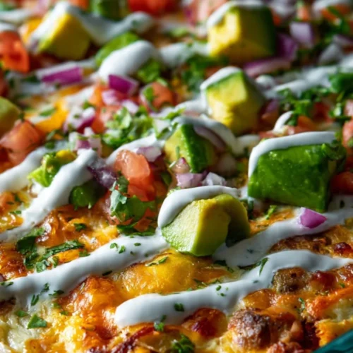 Delicious Mexican breakfast casserole topped with cheese and fresh ingredients.