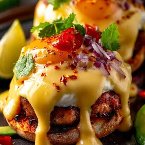 Plate of Mexican Eggs Benedict topped with poached eggs and salsa
