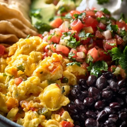 Plate of delicious Mexican Scrambled Eggs topped with fresh herbs and spices