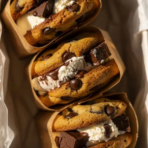 Mini brown butter chocolate chip cookie ice cream sandwiches served on a plate.