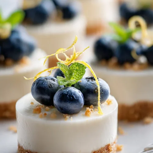 Mini lemon blueberry cheesecakes topped with fresh blueberries and lemon zest.
