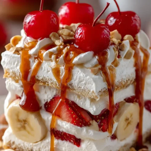 Delicious no bake banana split cake with whipped cream and fruit toppings