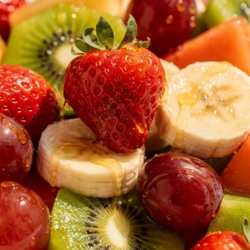 Bowl of vibrant old fashioned fruit salad with assorted fresh fruits