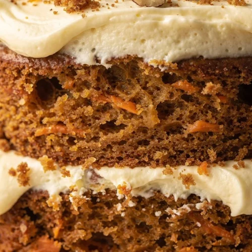 Slice of old-fashioned hummingbird cake topped with cream cheese frosting