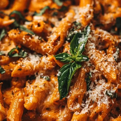 One Pan Creamy Tomato Pasta dish with fresh basil and parmesan cheese