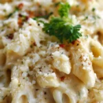 One pot creamy garlic pasta with herbs and cheese garnished on a plate