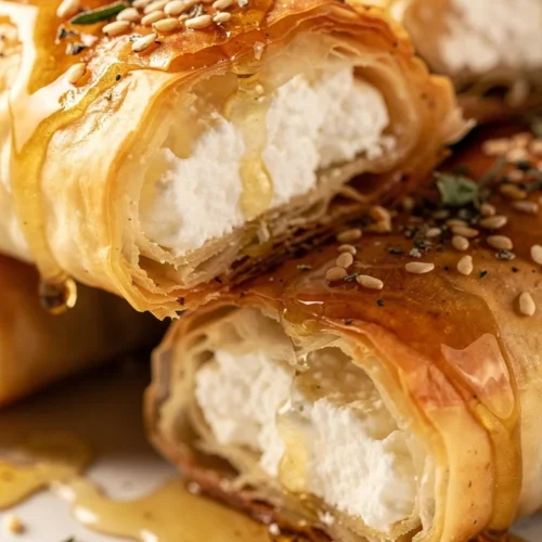 Oven-fried feta rolls with chili honey served on a plate.