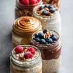 Bowl of overnight oats topped with fresh fruits and nuts for a quick breakfast