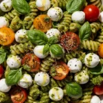 Pasta Salad with Basil Pesto in a bowl garnished with fresh herbs