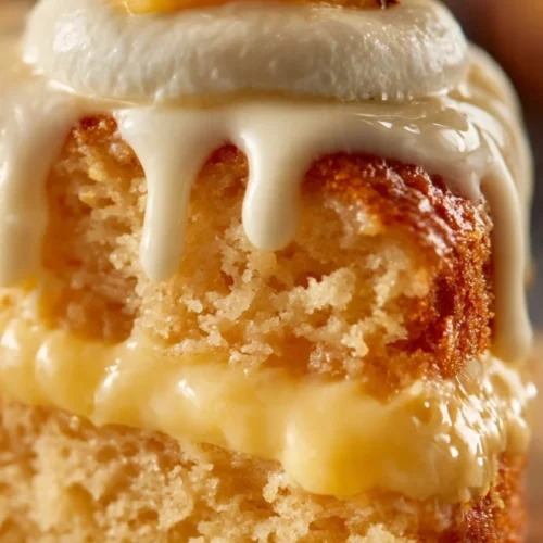 Delicious Pineapple Heaven Cake topped with fresh pineapple slices and creamy frosting.