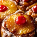 Pineapple Upside Down Cinnamon Rolls drizzled with frosting and topped with pineapple slices
