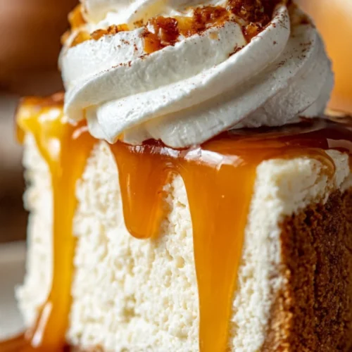Delicious no water bath Pumpkin Cheesecake topped with whipped cream