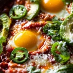 A serving of delicious Ranch-style Eggs topped with herbs and vegetables.